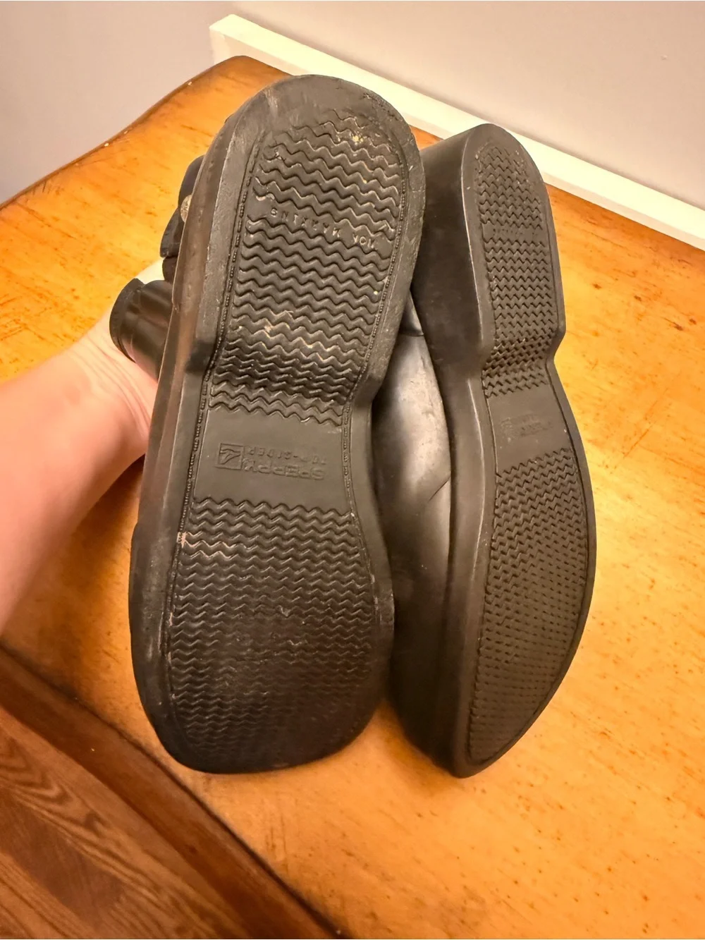 Sperry Black Ankle Rain Boots with Orange Logo Accent